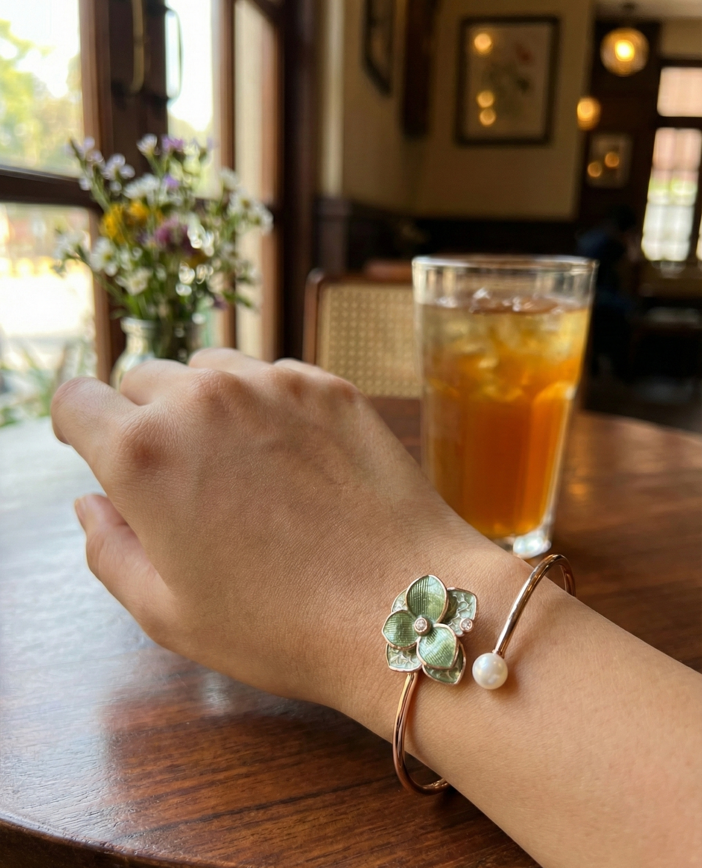 Rose Gold Green Petal Adjustable Bracelet | RVK-1