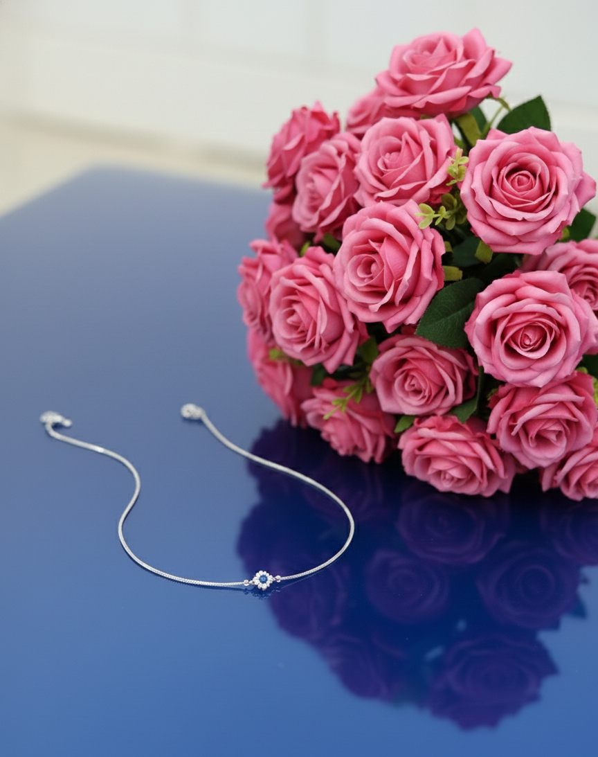 Silver Diamond Blue Stone Anklet | RVA13